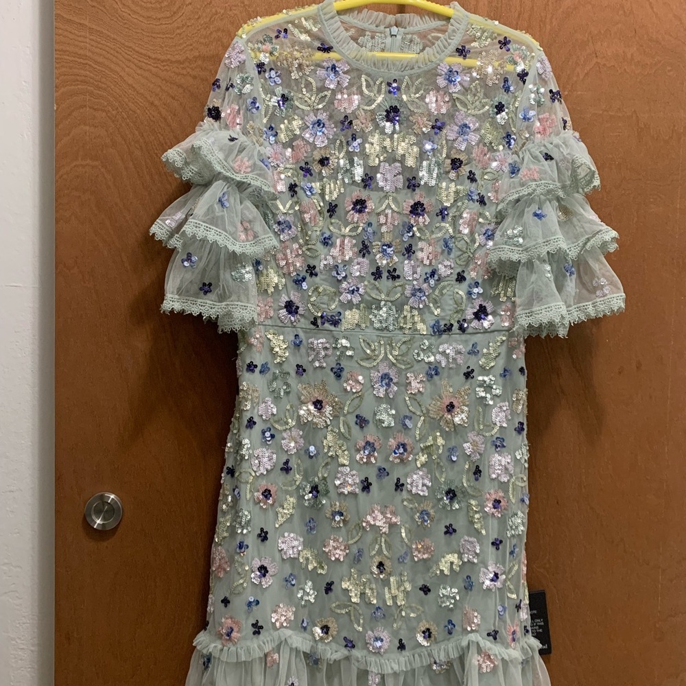 Needle and thread light green sequin dress